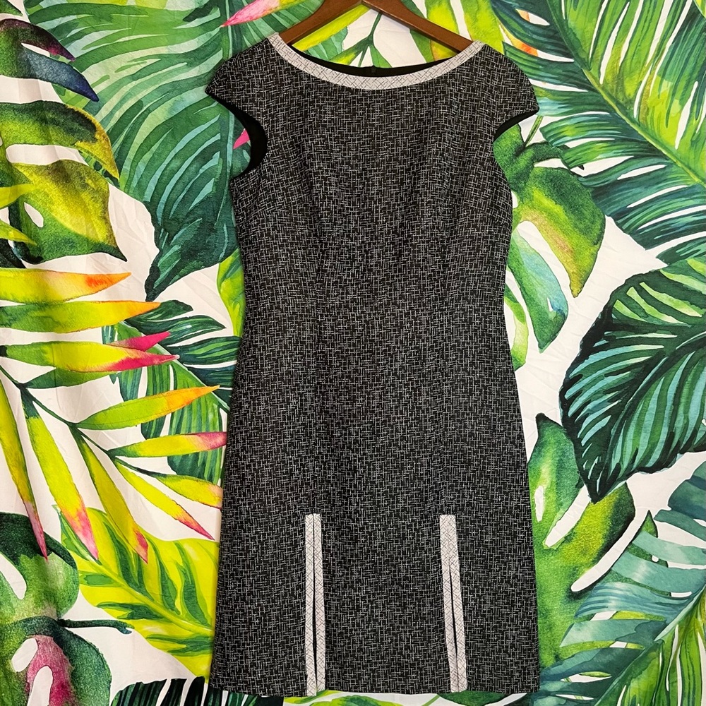 David Meister 8 Dark Grey Static Line Pattern Faux Slit Office Work Preppy Dress